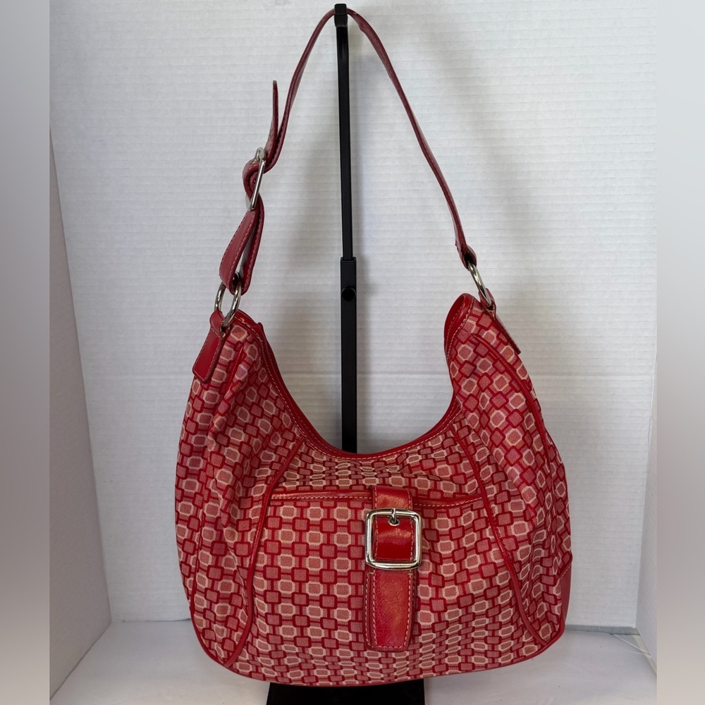 Nine West Red Geometric Print Shoulder Bag Hobo Purse Y2K Silver Buckle